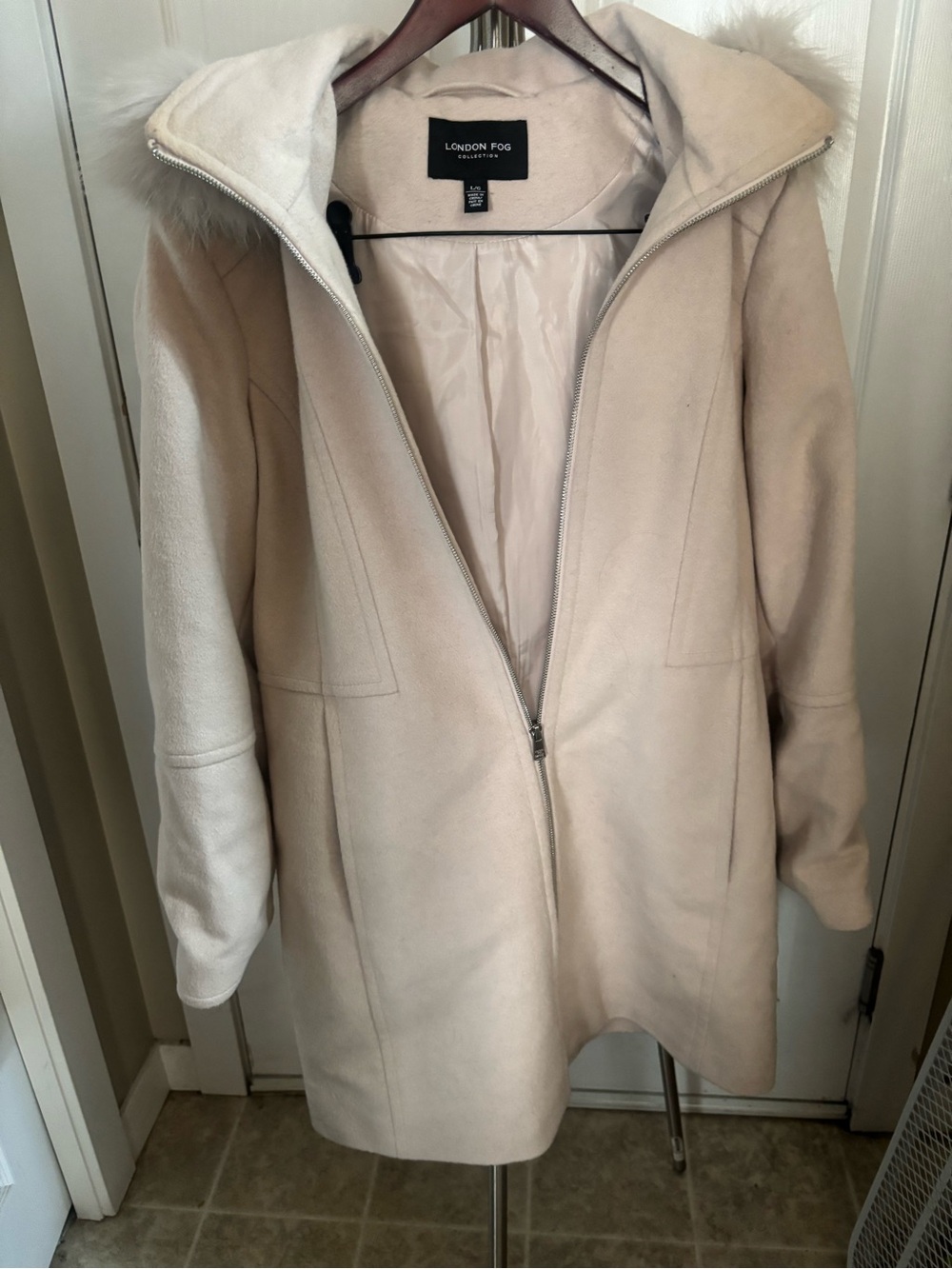 London Fog Women's Cream Hooded Trench Coat with Faux Fur Trim